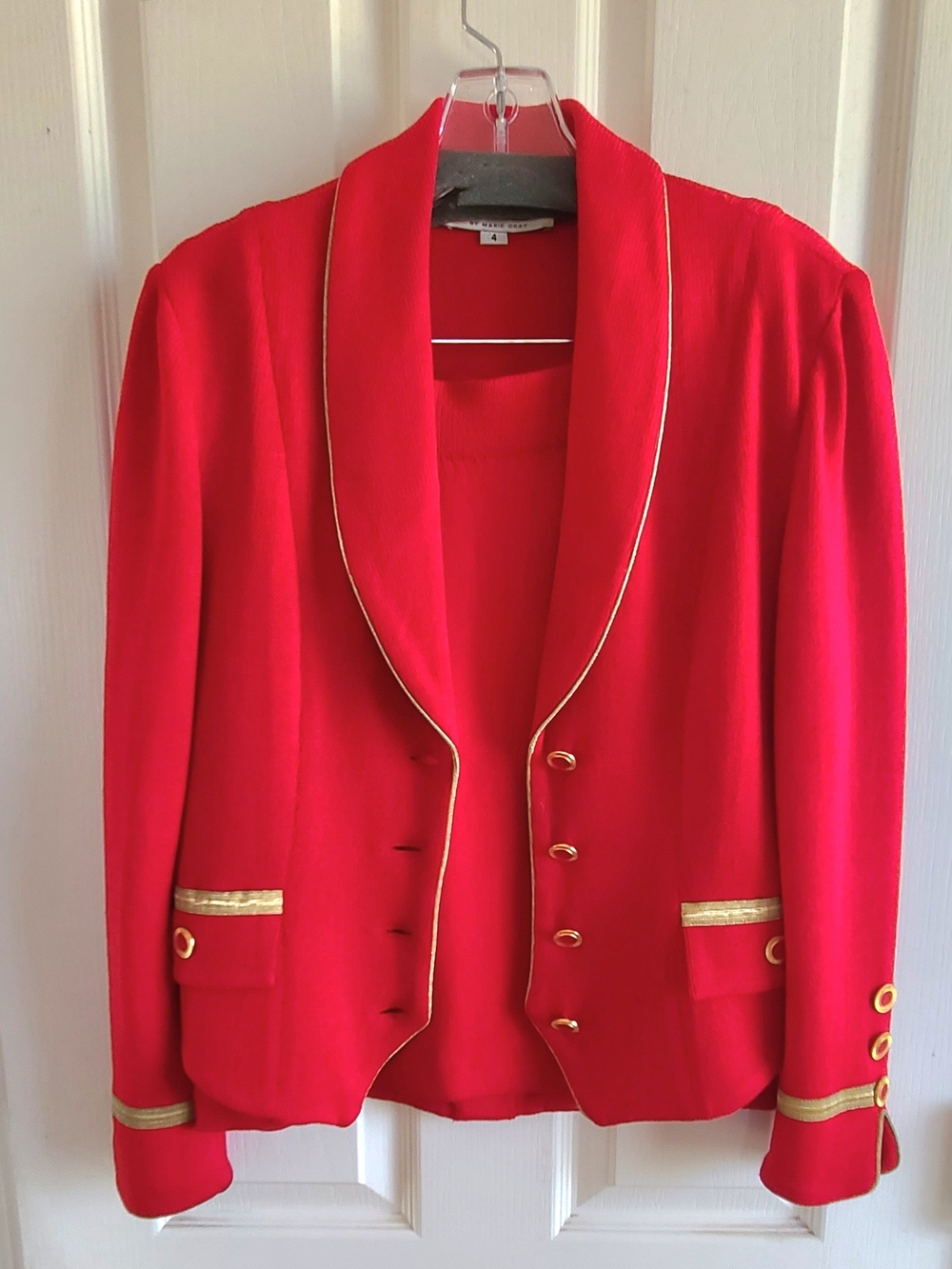 ST JOHN COLLECTION  Knit Red Skirt Suit with Gold Trim and Button